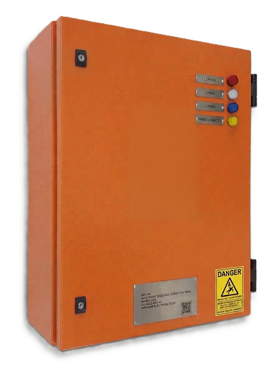Easy Electrical Automatic 3-Phase Sequence Corrector panel — orange enclosure with L1, L2, L3 phase indicator lights and DANGER label